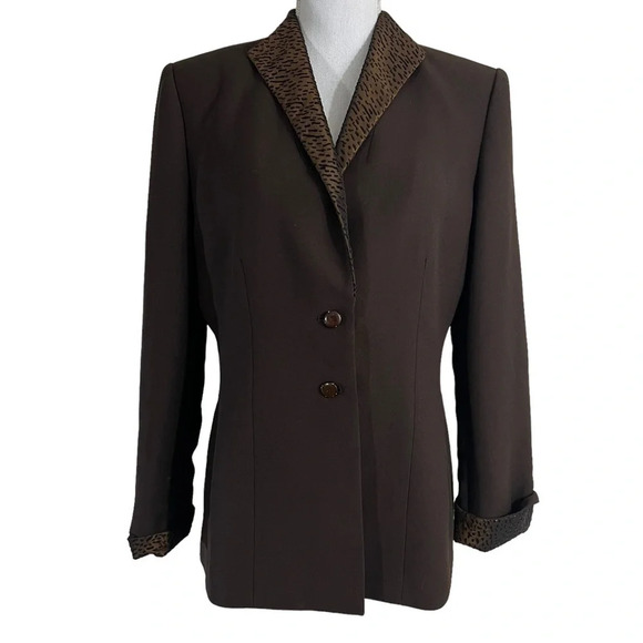 Kasper Chocolate Brown Blazer Suit Jacket Womens Size 8 Animal Print Collar Top - Picture 1 of 9